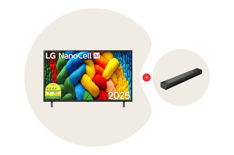 Front view of 43 Inch LG NanoCell AI NANO80 4k Smart TV Bundle with Soundbar S20A 43NANO80.S20A