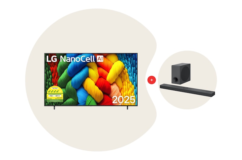 Front view of 86 Inch LG NanoCell AI NANO80 4k Smart TV Bundle with Soundbar S80QY 86NANO80.S80QY