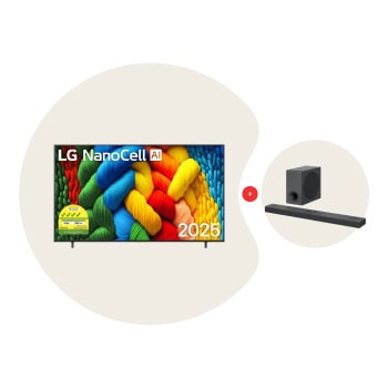 Front view of 86 Inch LG NanoCell AI NANO80 4k Smart TV Bundle with Soundbar S80QY 86NANO80.S80QY