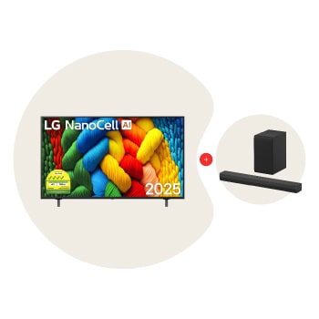 Front view of NanoCell TV, LG NanoCell Al Logo on the top corner. LG NanoCell NANO80 TV depicts colorful paintike textures coming together.