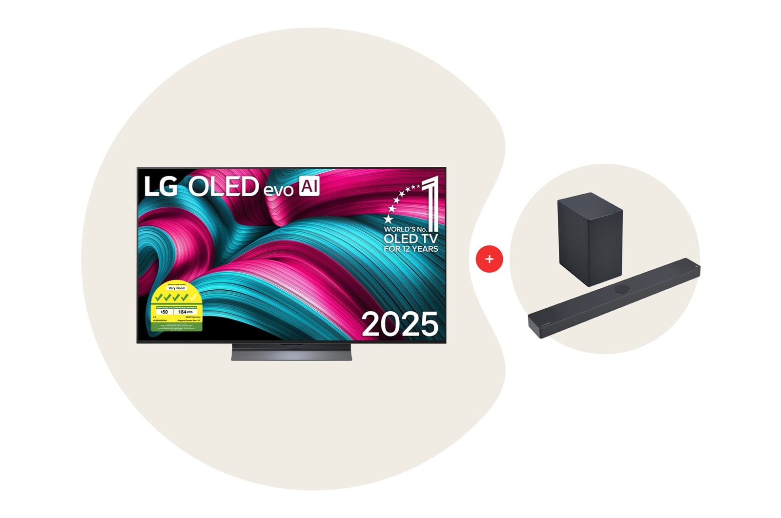 Front view of LG OLED evo AI C5 4K Smart TV. 12 Years of world number 1 OLED emblem and LG OLED evo AI 2025 logo are on the screen.