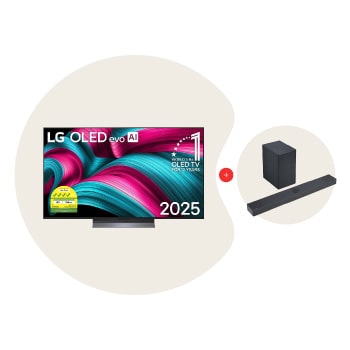 Front view of LG OLED evo AI C5 4K Smart TV. 12 Years of world number 1 OLED emblem and LG OLED evo AI 2025 logo are on the screen.
