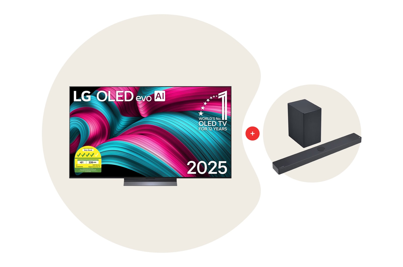 Front view of LG OLED evo AI C5 4K Smart TV. 12 Years of world number 1 OLED emblem and LG OLED evo AI 2025 logo are on the screen.