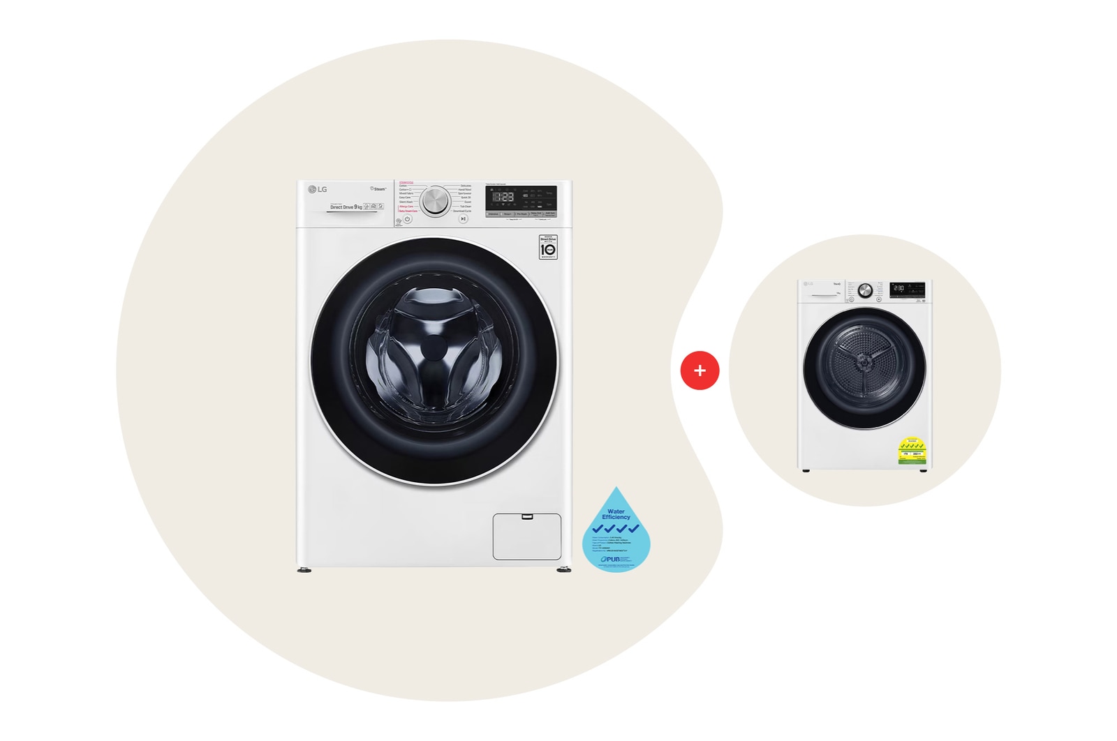 LG 9kg Front Load Washing Machine Bundle with 10kg Dryer in White, WASHERDRYER.PTO2