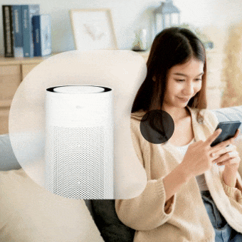 LG air purifier connected to a smartphone via Wi-Fi, highlighting convenient control and monitoring through the LG ThinQ app