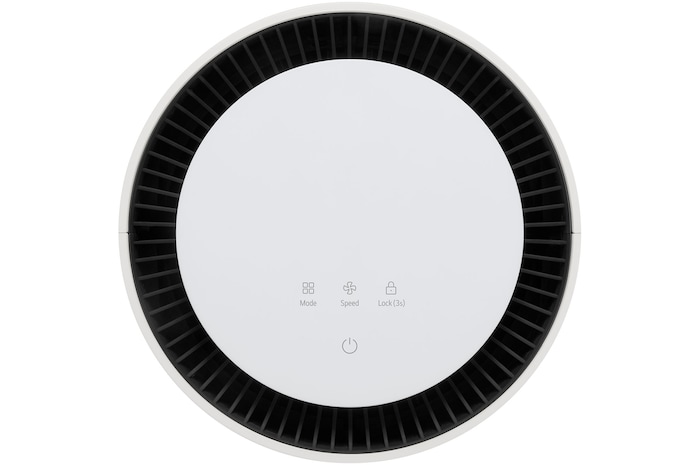 Close-up of the LG air purifier's top display with air quality indicator lights on