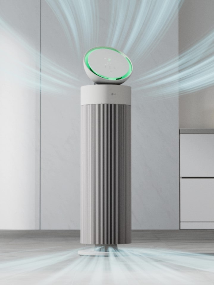LG air purifier with Aero V Filter, capturing dust and releasing clean air in all directions