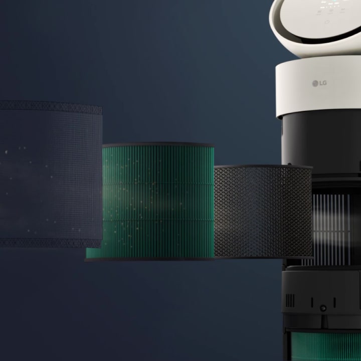 LG air purifier video showcasing the HEPA filter, highlighting air intake, multi-filtration stages, and clean air release