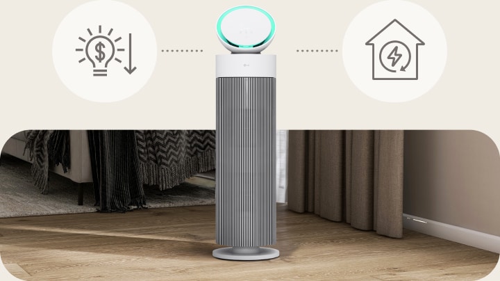 LG air purifier with AI+ feature, saving energy compared to existing modes by adjusting performance to room conditions