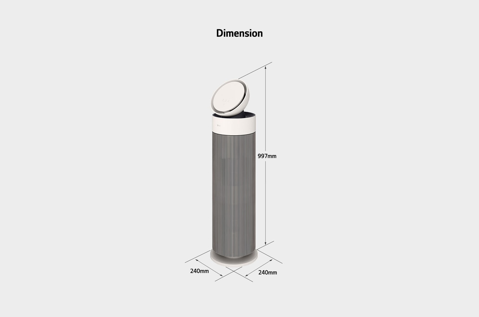 Diagram showing LG air purifier dimensions (997mm height, 240mm width) and installation guidelines requiring over 1m space from the rear wall.