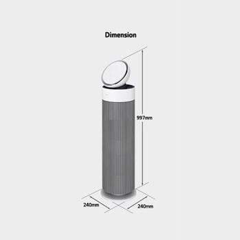 Diagram showing LG air purifier dimensions (997mm height, 240mm width) and installation guidelines requiring over 1m space from the rear wall.