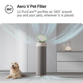 Image of an LG PuriCare air purifier in a minimalist room, emitting blue airflow graphics to illustrate 360-degree air purification. Text on the image reads 'Aero V Filter' and 'LG PuriCare™ air purifies 360° around you, in every direction, wherever it is placed.'