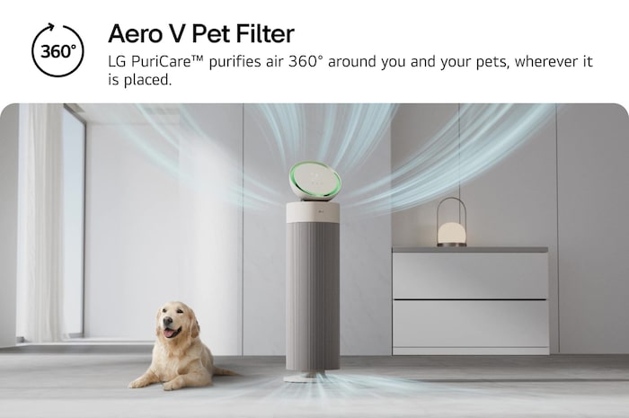 Image of an LG PuriCare air purifier in a minimalist room, emitting blue airflow graphics to illustrate 360-degree air purification. Text on the image reads 'Aero V Filter' and 'LG PuriCare™ air purifies 360° around you, in every direction, wherever it is placed.'