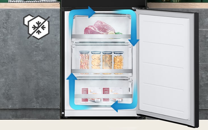 No-frost freezer with even cooling and circulated cold air to keep food fresh in all corners.