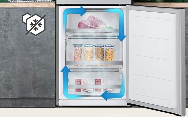 No-frost freezer with even cooling and circulated cold air to keep food fresh in all corners.