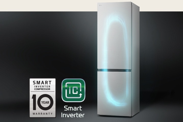 Refrigerator with efficient cooling system by smart inverter compressor and 10-year warranty label of compressor.