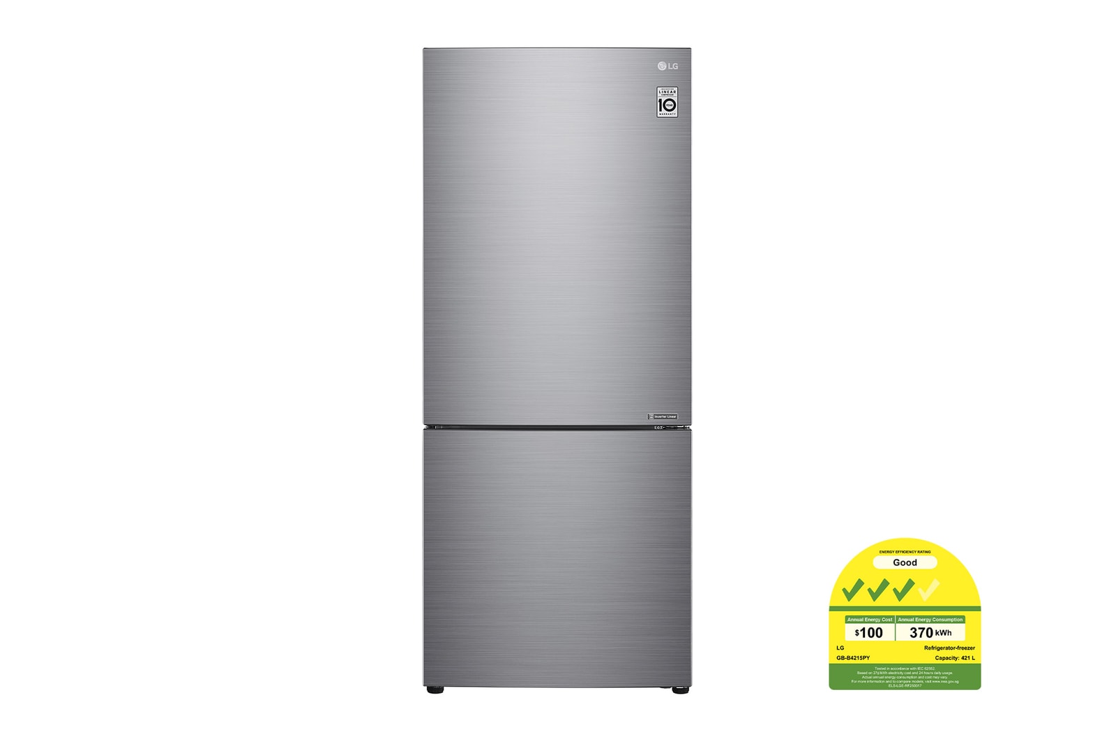 LG 421L Bottom Freezer Refrigerator with Smart Inverter Compressor™ in Prime Silver, GB-B4215PY