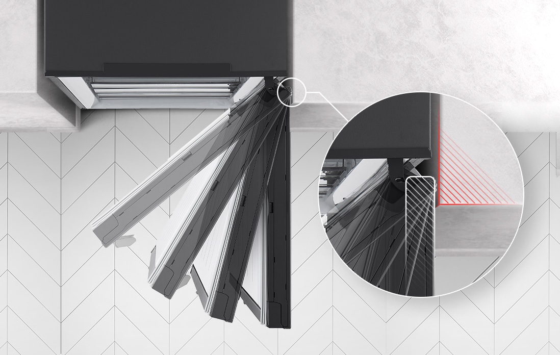A hood opening smoothly at different angles, highlighting its versatile design against a modern chevron-patterned wall.