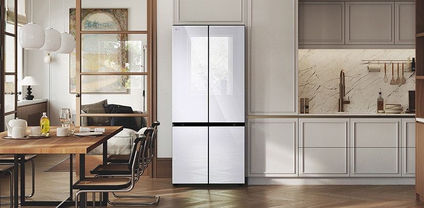 Completing the stylish kitchen space, the LG french door refrigerator with black mirror doors.
