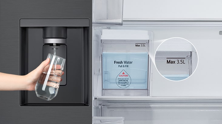 Close up view of water tank that is in the fridge part of lg multi door refrigerator.