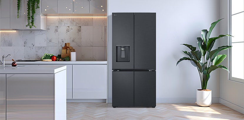 A cozy living room and kitchen are reflected in the sleek design of the lg french door refrigerator with blakc matte steel doors.