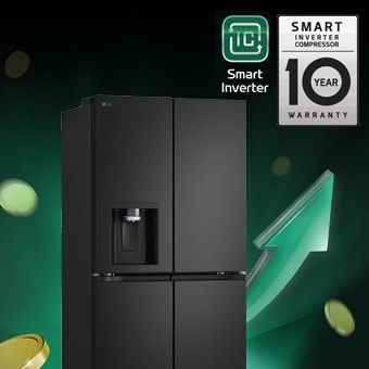 Refrigerator in front of rising arrows and piling coins