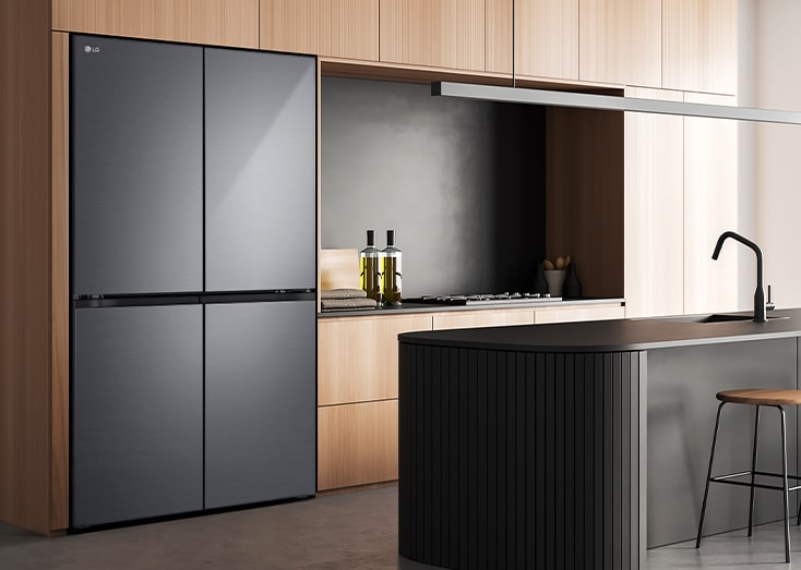 Modern kitchen interior with the fridge.