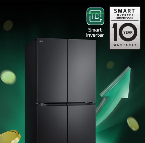 Refrigerator in front of rising arrows and piling coins
