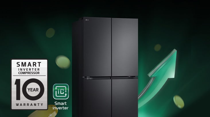  Refrigerator in front of rising arrows and piling coins