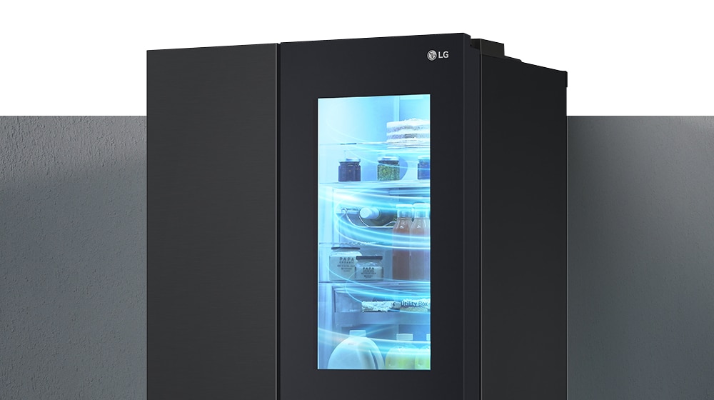 The half-side view of the InstaView refrigerator. This is a picture of a refrigerator filled with cold air.