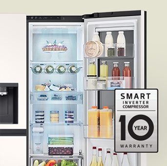 Fresh food-filled refrigerator with open door and 10-year warranty label of smart inverter compressor.