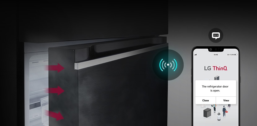 An lg top freezer refrigeratordoor is shown slightly open, and a smartphone screen displaying a notification from the lg thinq app. The image emphasizes the refrigerator's smart alert feature that notifies users if the door is left open.