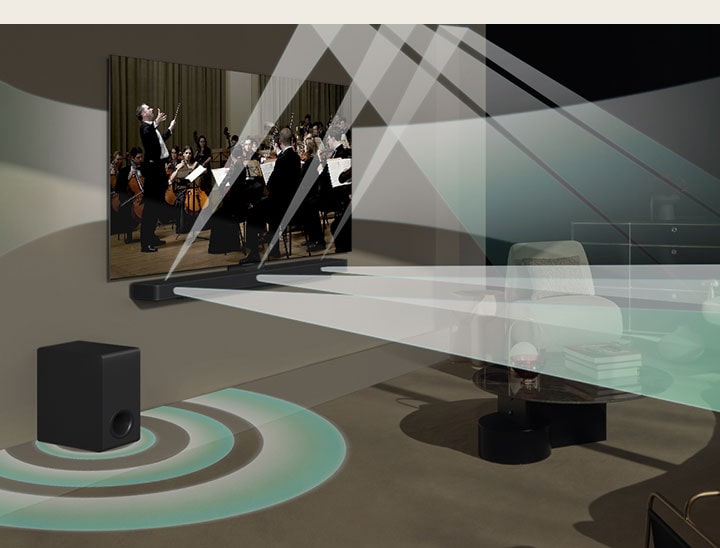 LG TV, LG Soundbar and a subwoofer are in a living room playing a musical performance. White droplets make waves of sound that shoot upwards and forward from the soundbar and project from the TV. A subwoofer is creating a sound effect from the bottom.