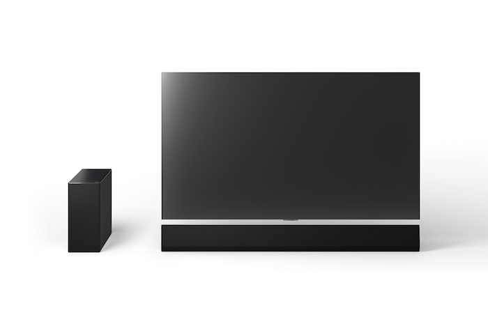 Front view of 65inch LG OLED G4, LG Soundbar SG10TY, and Subwoofer