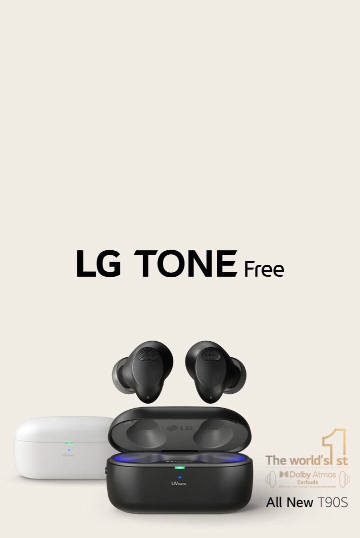 A front view of the black TONE Free T90S with the cradle open. The black earbuds are protruding for design purposes. Behind them is the white TONE Free T90S. The bottom right corner shows the world's first Dolby Atmos logo.