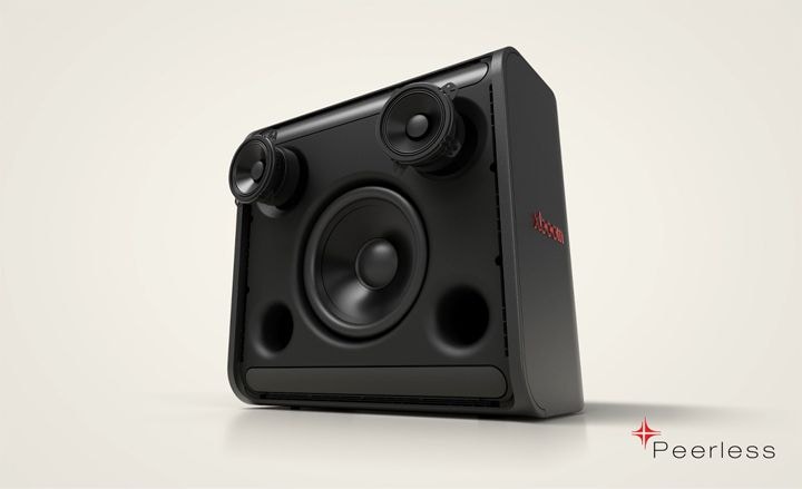 xboom Stage 301's internal parts are shown. Woofer and midranges are moving forward and vibrating rhytmically.	