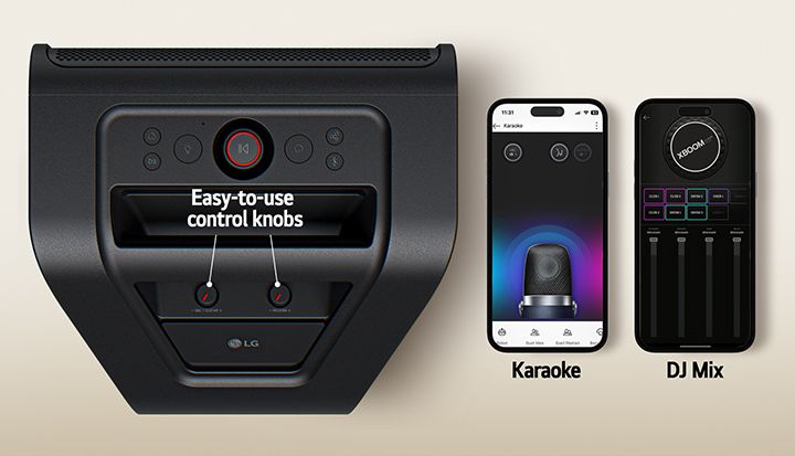 On the left xboom Stage 301's top view with its knobs and buttons marked. To the right two mobile phones are placed with the xboom app screens shown.	