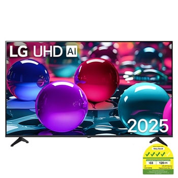 Front view of UHD UA73 TV, LG UHD Al Logo on the top corner. LG UHD TV depicts colorful paintike textures coming together.
