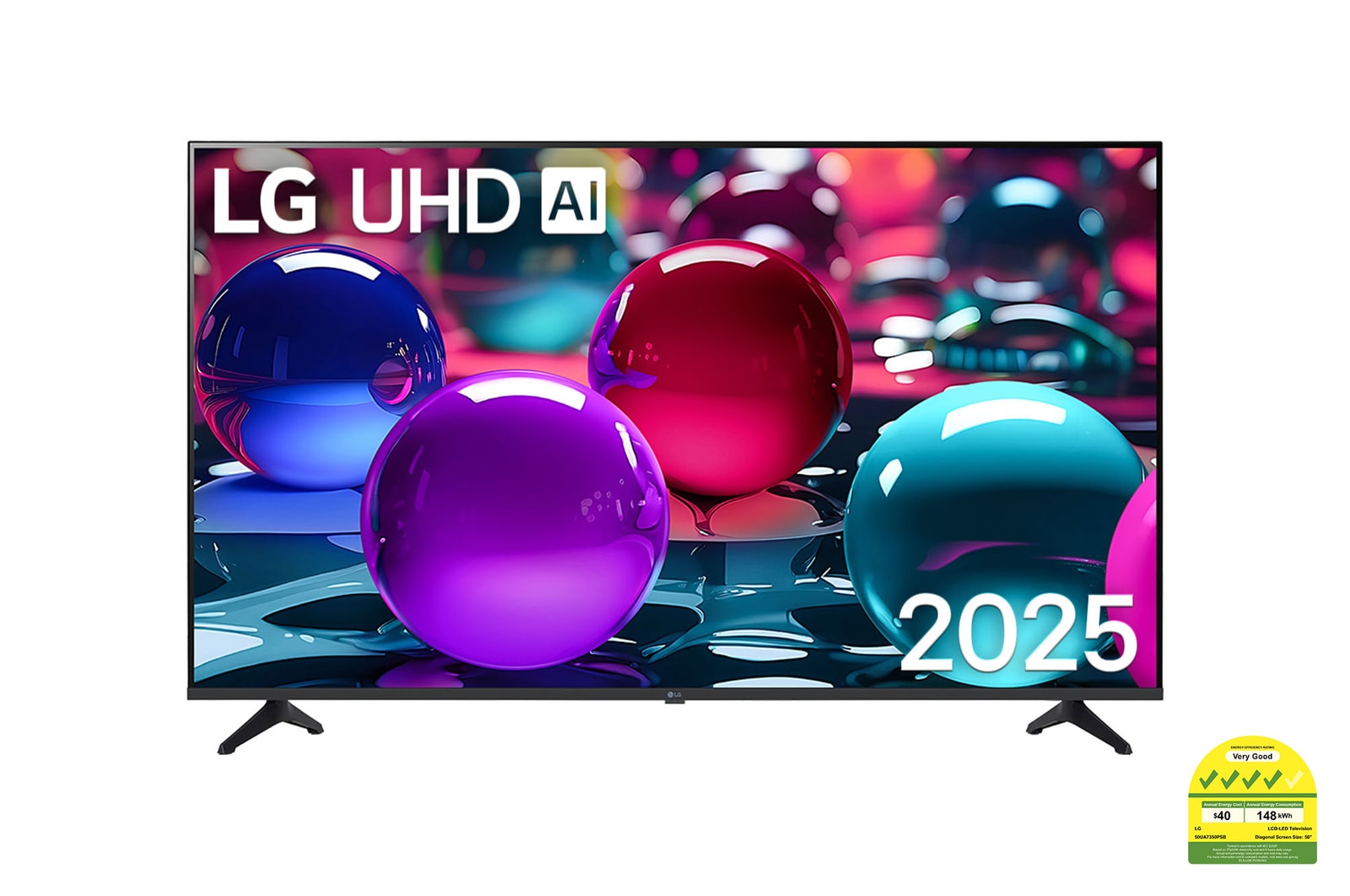 Front view of UHD UA73 TV, LG UHD Al Logo on the top corner. LG UHD TV depicts colorful paintike textures coming together.