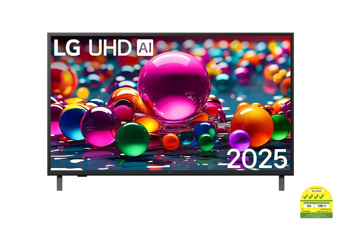 Front view of UHD UA75 TV, LG UHD Al Logo on the top corner. LG UHD TV depicts colorful paintike textures coming together.