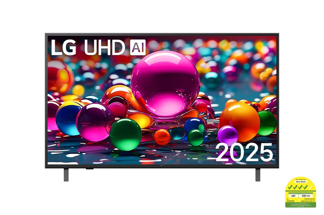 Front view of UHD UA75 TV, LG UHD Al Logo on the top corner. LG UHD TV depicts colorful paintike textures coming together.