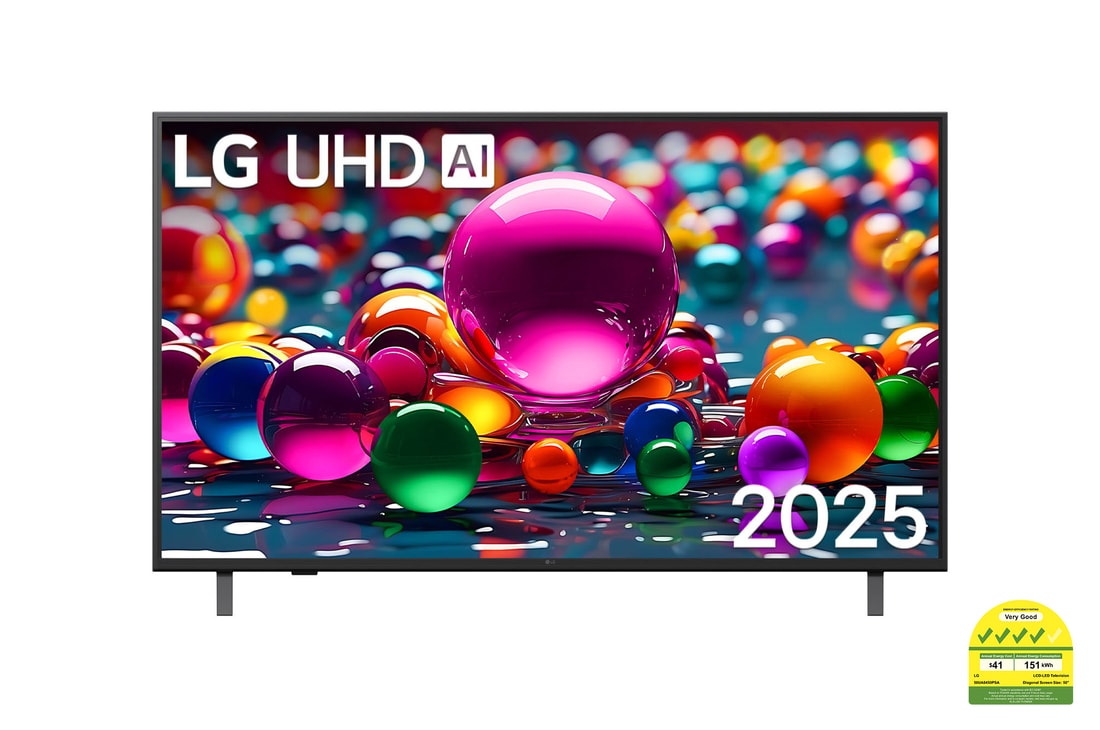Front view of UHD UA75 TV, LG UHD Al Logo on the top corner. LG UHD TV depicts colorful paintike textures coming together.