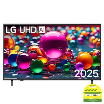 Front view of UHD UA75 TV, LG UHD Al Logo on the top corner. LG UHD TV depicts colorful paintike textures coming together.