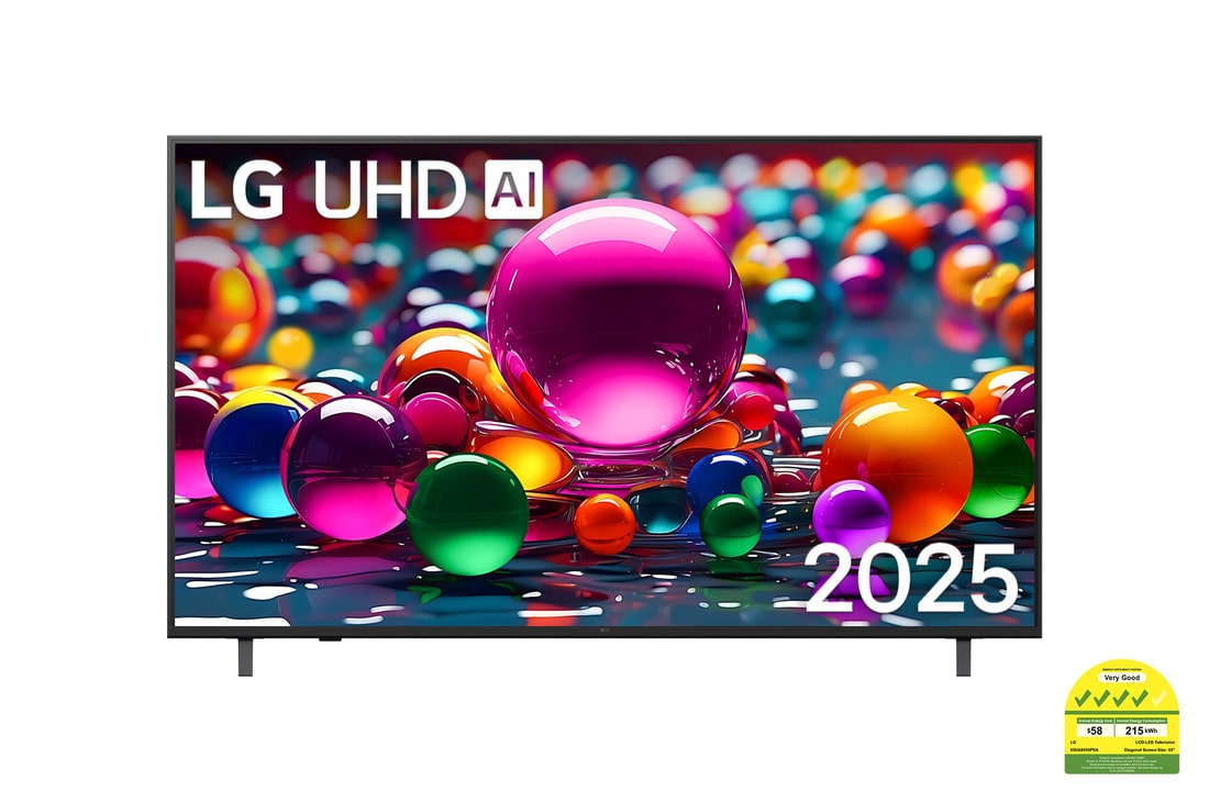 Front view of UHD UA75 TV, LG UHD Al Logo on the top corner. LG UHD TV depicts colorful paintike textures coming together.