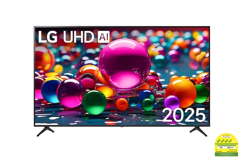 Front view of UHD UA75 TV, LG UHD Al Logo on the top corner. LG UHD TV depicts colorful paintike textures coming together.