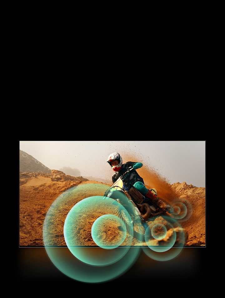 An image of a man riding a motorbike on a dirt track with bright circle graphics around the motorbike.	