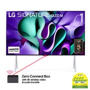 Front view with LG OLED TV, OLED M4 SIGNATURE on a stand, 11 Years of world number 1 OLED Emblem, webOS Re:New Program logo, and a Zero Connect Box with 4K wireless video & audio transfer connected to a TV, and a Wi-Fi signal coming out of the box