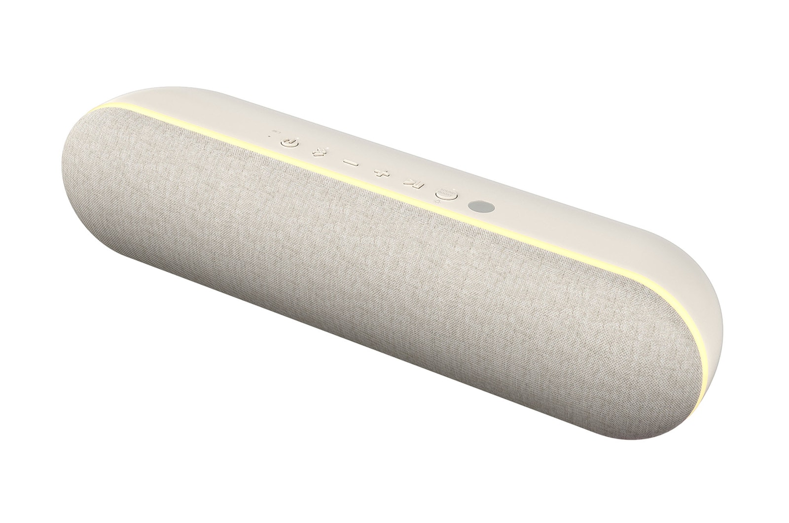 45 degree angle with right side facing forward. Yellow mood lighting is on.