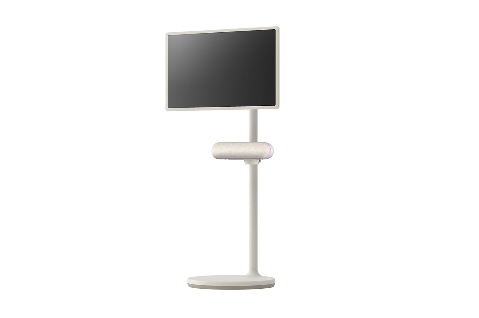 45 degree angle with the right side facing forward. The speaker is attached to LG StandbyME.