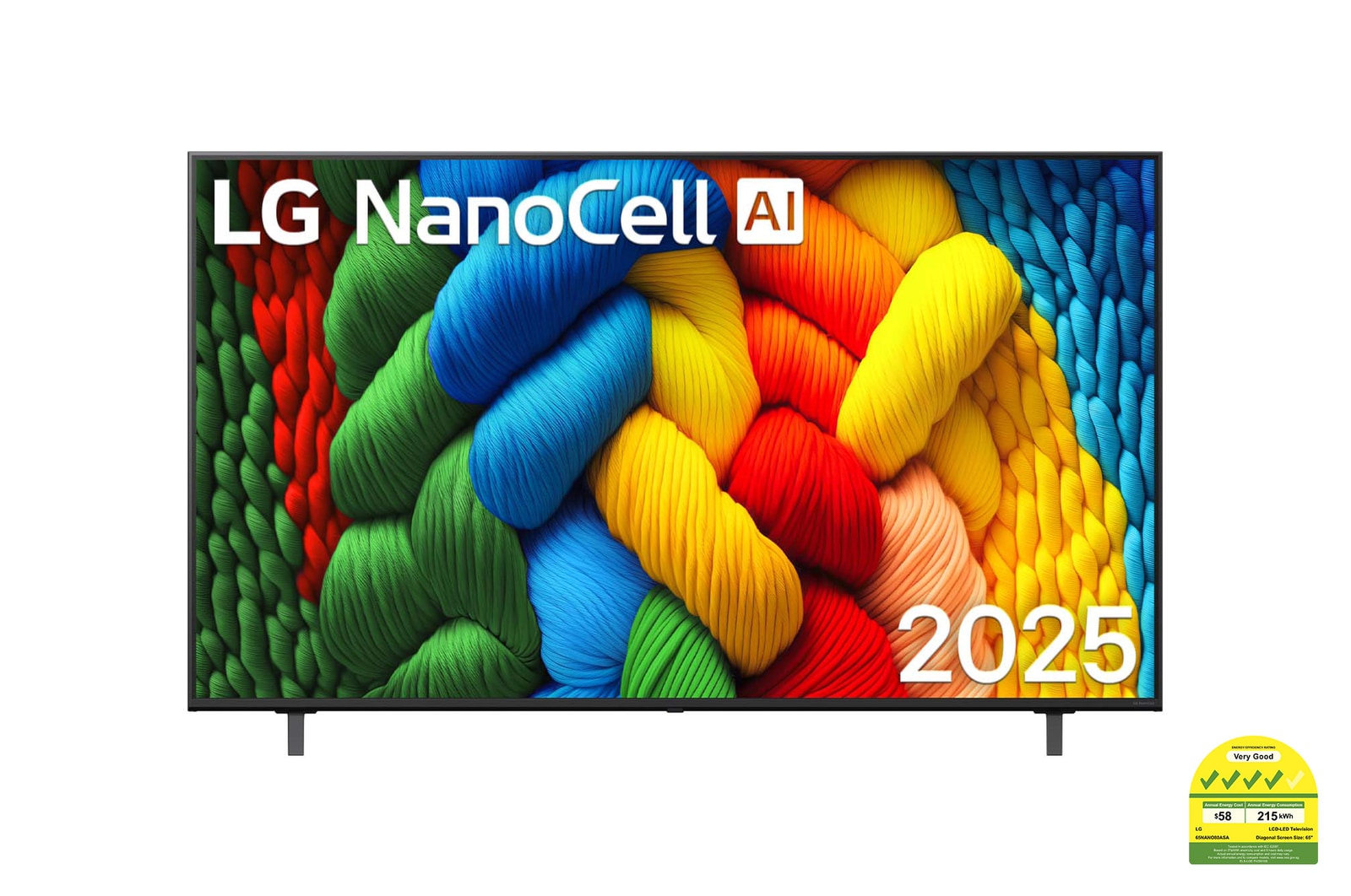 Front view of NanoCell TV, LG NanoCell Al Logo on the top corner. LG NanoCell NANO80 TV depicts colorful paintike textures coming together.